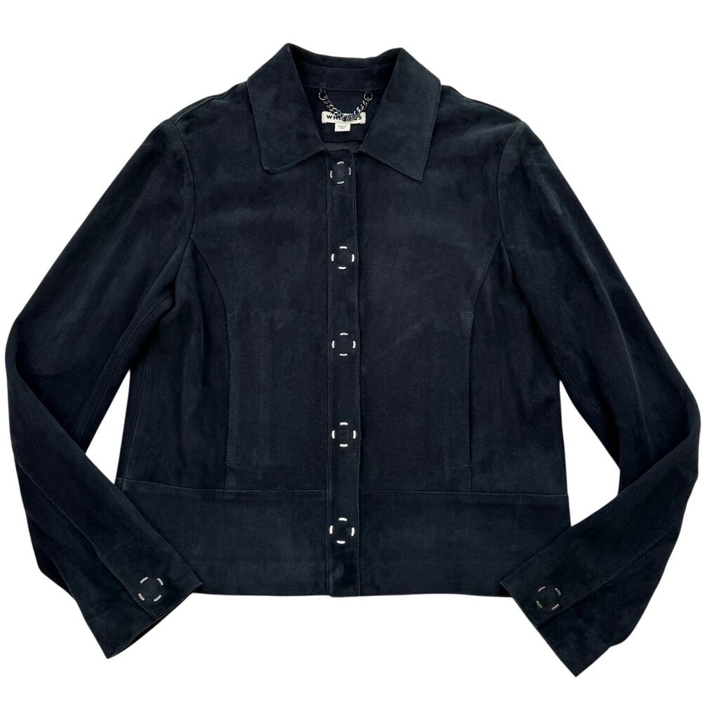 Whistles Turner Suede Leather Jacket Cropped Minimalist Retro Navy Blue Size S